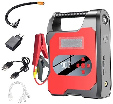 Aide au démarrage avec compresseur d'air, booster de batterie de voiture 12 V, batterie portable avec charge rapide USB, courant de crête pour moteur essence de 8,5 l et moteur diesel 8,0 l