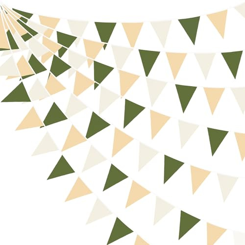32Ft Sage Green Party Decorations Olive Green Tan Brown Cream Neutral Triangle Flag Fabric Banner Pennant Bunting Garland Streamers for Birthday Wedding Baby Shower Woodland Jungle Safari Party Decor