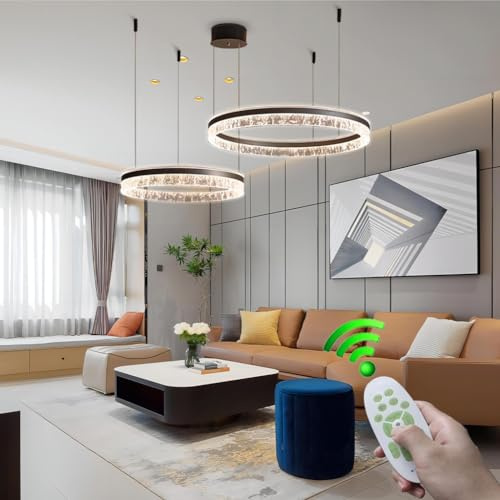 LYSDjia Modern Aluminium Pendelleuchte LED Dimmbar Pendellampe Esstischlampe 135W 3-Ring Höhenverstellbar Hängeleuchte Braune Acryl Kronleuchter mit fernbedienung Wohnzimmer Esszimmer Hängelampe(Size:
