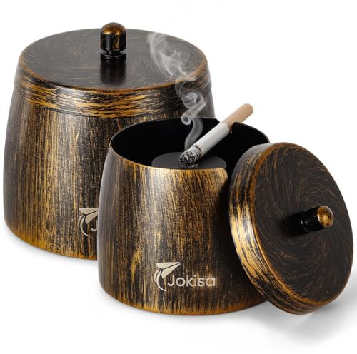 Aschenbecher für Draussen 2er Set, Edelstahl Retro Aschenbecher mit Deckel für Innenbereich & Outdoor, Windaschenbecher mit Rutschfestem Unterseite für Garten Bar und Balkon - L