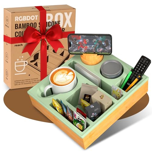 Couchbar Snackbox Silikon sofatablett mit 360 Grad Drehbar Handyhalter beistelltisch mit Holz Sofatablett für Sofa, kino Deko, Couch organizer Bar mit Getränkehalter - Snackbox mit Fächern (grüner)