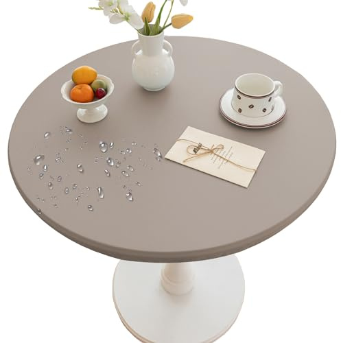 Thdsubb Tischdecke Elastische Runde Gartentischdecke Leder Wasserdicht Abwischbar Tischschutz Für Zuhause, Partys, Kaffee (70cm,Taupe)