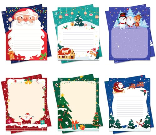 Qpout 60 Blatt Weihnachten Briefpapier 8,5 x 11 Zoll, 6 Stile Weihnachtsbriefpapier, Weihnachtsschreibpapier für Winterparty Neujahr Feiertag Notizen Grußeinladungen
