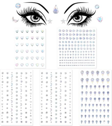 5 Blatt Gesicht Glitzersteine Temporäre Tattoos Strasssteine Selbstklebend Strass Klebesteine Aufkleber Gesichtsschmuck Glitzer Steine Gesicht Festival Karneval für Gesicht Augen Körper Nägel