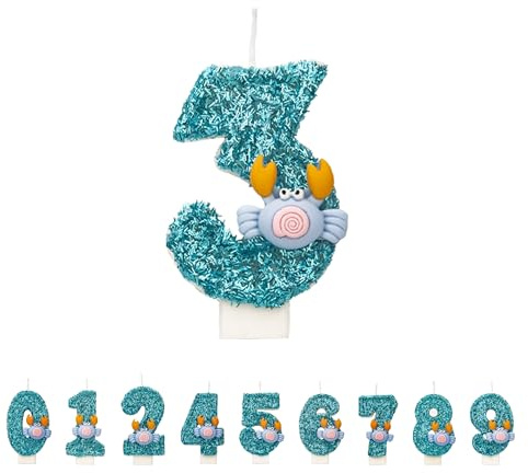 Krabben Geburtstagskerzen 3 Zahlen, 3D Blau 3st Geburtstagskerzen für Kuchen, handgemachte Glitter glänzend Geburtstag Kuchentopper - Perfekt für Thematische Geburtstagsfei