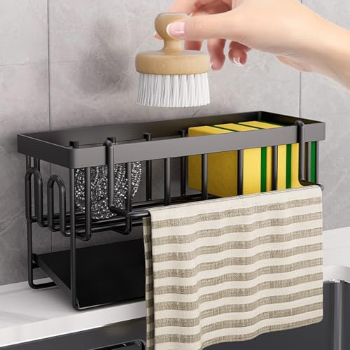 Kitchen Spülbecken Organizer Schwammhalter - Küche Spüle organizer mit Abnehmbarem Spültuchhalter, Metall Sink Organizer mit Automatisch Abflusspfanne, Kann an die Wand Gehängt Werden(Schwarz)