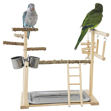 Papageienständer – -Sitzstange | Interaktiver großer Vogelständer Spielplatz mit Futterbechern, Tablett & Laufgitterleiter | Vogelspielplatz Holzstange Gym Vogelständer | Vogelübungsspielzeug