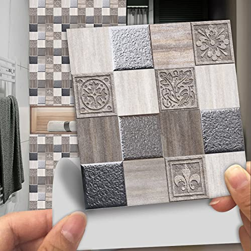 Dunxiles Fliesenaufkleber Grau-Beige Mosaik-Fliesen zum Aufkleben PVC Selbstklebende Wandfliesen wasserdichte Ölbeständige Küchentapete DIY Abziehen und Aufkleben Bodenfliesen 10 Pcs (15 x 15 cm)