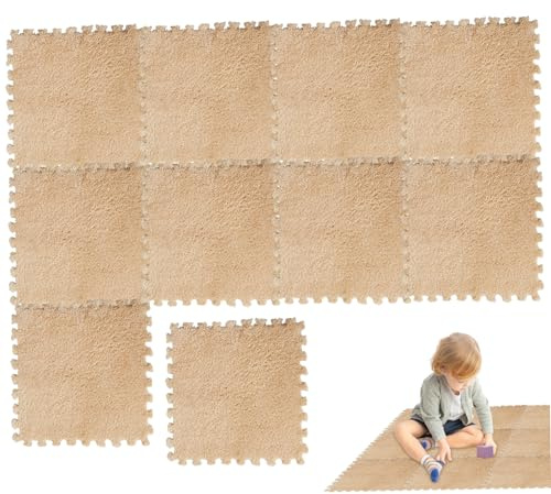 10 pcs Teppichfliesen, 12 x 12 Zoll Plüsch Teppichquadrate nicht rutschfeste Bodenmatten Weiche Eva Schaumbodenfliesen Schneidfreie Schaummatten für Kinderzimmer, Veranda, Schlafzimmer hellbraun