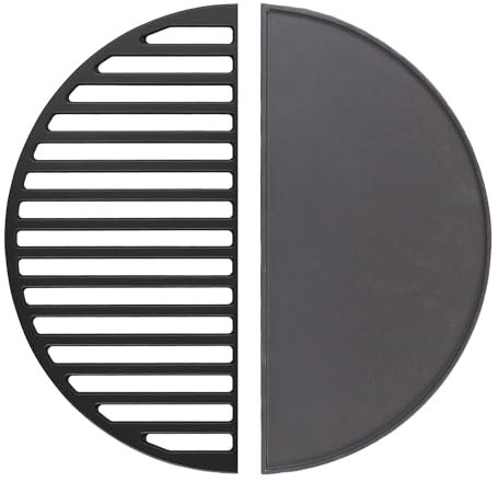 Wiltec Set 1x Piastra in ghisa rigata + 1x Griglia in ghisa, forma a mezza luna, 49,8 x 24,3 cm, per barbecue, bistecchiera, ideale per grigliare carne, pesce, verdure