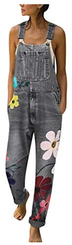 Jeanslatzhose Damen Blumen, Latzhose Damen Jeans Lang, Jumpsuit Sportlich Elegant Arbeitslatzhose Mit Taschen Overall Ärmellos Romper Casual Sommeroverall Bequeme Einteiler Vintage Denim-Latzhose