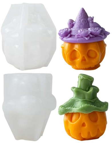 2 moldes de silicona para moldear calabaza, molde de silicona 3D con forma de calabaza con espíritu para fundir moldes de silicona para velas de calabaza, moldes de silicona para Halloween (A)