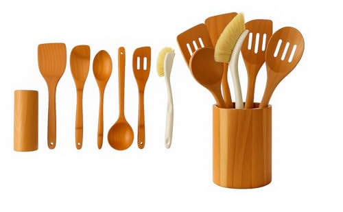 Generic 8-Piece Teak Wood Cooking Utensil Set - Wooden Spoon, Spatula, Ladle, Brush & Holder - Non-Toxic, Heat Resistant, Scratch-Free