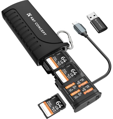 K&F CONCEPT Lecteur de Carte Mémoire USB 3.1 avec Boîtier de Protection – Lecteur SD/Micro SD 4xSD + 6xTF, Adaptateur USB-C Haute Vitesse, Compatible Caméra, Drone, Smartphone et PC