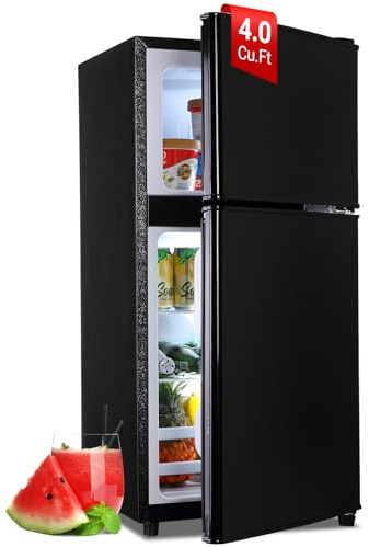 Mini Fridge with Freezer, 4.0 Cu. Ft. Double-Door Mini Refrigerator with 7-Level Adjustable Thermostat & Adjustable Glass Shelves, Compact Dorm Fridge 37 dB Low Noise for Bedroom, Apartment, Black