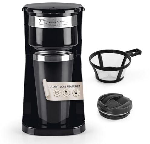 Cafetera individual Barista para llevar de 750 W, compacta cafetera de filtro con taza térmica, pequeña y portátil, incluye vaso térmico y filtro permanente de nailon, color negro y plateado