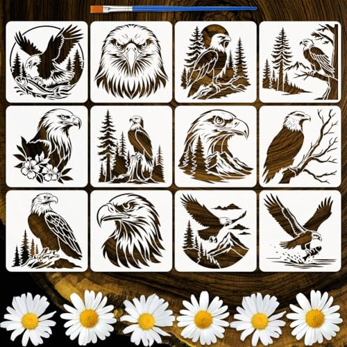 FINGERINSPIRE 12 Stück Adlerwald Malschablone Mit Pinsel 30x30cm Große Adler Schablonen Aus Kunststoff Mit Tiermotiven Wildtier Vorlage Zum Bemalen von Wandstoffen DIY Bastelarbeiten Heimdekoration