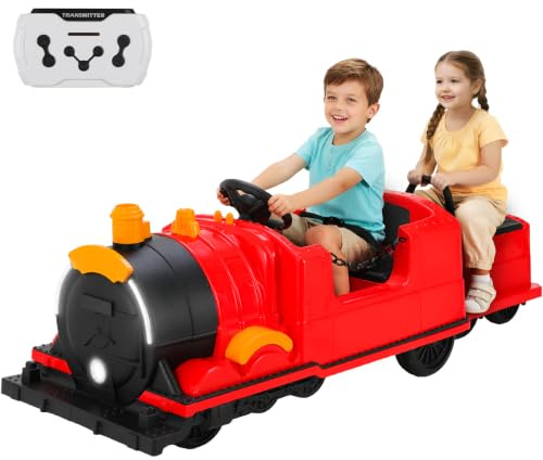 Mamizo Elektro Zug Lokomotive mit Waggon Für Kinder 3-8 Jahren,Wohnzimmer, Garten - 12V Batterie, Elektrisch Mit Fernbedienung, MP3, Musik, Hupe,LED-Streifen,USB,Schaukelmodus- Rot, 4 pcs Räder