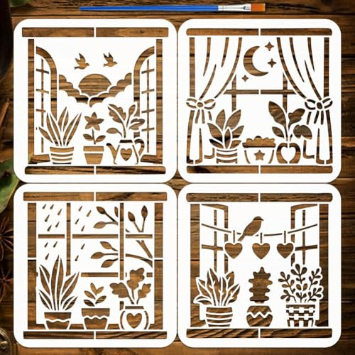 FINGERINSPIRE 4PCS Plantillas de Estampado, 20x20cm, con Pincel, para Pintura, Plantas en Maceta, Modelos de Dibujo, Escena de Ventana, Reutilizable, PET, Plantilla para DIY, Decoración del Hogar