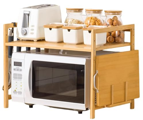 Otbushit Microwave Shelf Oven Rack 22x14x16.5 Inch Dual Layer Bamboo with Chopping Board Slot 4 Hooks for Kitchen Countertop