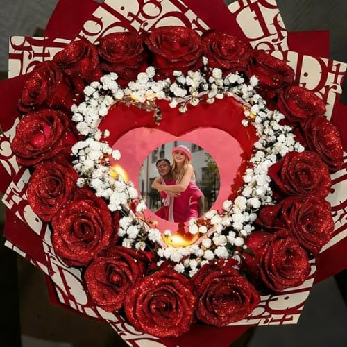 Andisijq Burn Away - Ramo de rosas personalizadas, corazón quemado con foto de mensaje, ramo de flores falsas con purpurina, ramo de rosas rojas artificiales brillantes eternas, aniversario