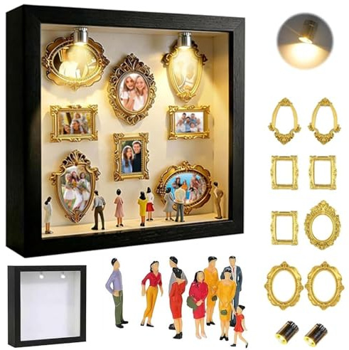 Bukbas DIY Mini Museum Silhouetten Box mit LED, Mini Bilderrahmen Vintage | Bilderrahmen mit 8 Mini Golden Rahmen & 8 Miniatur Zubehör Figuren, für Jahrestag, Hochzeit, Heimdekoration