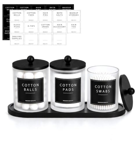 TranRantic 3 Stück Glas Wattestäbchen Behälter mit Bambusdeckel und Tablett | Wattepadspender mit Etiketten, Badezimmer Organizer für Wattepads, Zahnseide Sticks & Schminktisch Aufbewahrung(Schwarz)