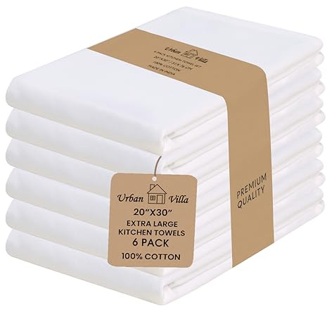 Urban Villa Kitchen Towels 100% Cotton Dish Towels for Kitchen(Set of 6) 20”x30” Dish Cloths Highly Absorbent Kitchen Linen Set with Hanging Loop Perfect for Drying Dishes Cleaning Hand Towels – White