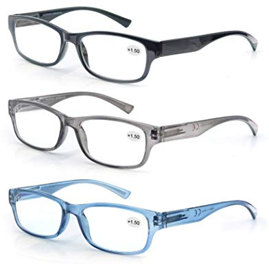 MODFANS Confezione da 3 Occhiali da Lettura 2.5 Presbiopia Uomo Donna, Lente Trasparente Montatura Rettangolare - Cerniera a Molla - Leggera Classico Comodo Nero-Grigio-Blu