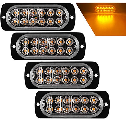 Teguangmei 4Pz Luci di Emergenza Ultrasottili 12LED Luci a LED Ambra Pericolose Lampeggianti Stroboscopiche Comunemente Utilizzate nei Rimorchi per Roulotte Camion 12-24V