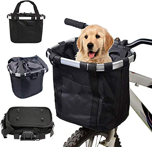 WAZS Bike Basket, Pet basket for Bike, Folding Removable Bicycle Baskets Front, Organizer Pet Cat Dog Carrier Frame Bag - Aluminum Alloy/Black