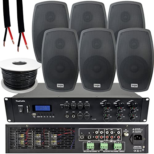 1200W LOUD Outdoor Bluetooth Sound System | 6x 140W Black Speaker | 6 Channel / Zone Matrix HiFi Mixer Amplifier Amp Kit | Weatherproof Garden Party Event Audio | Powerful Wireless Music | Echo Alexa