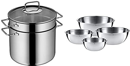WMF Nudeltopf mit Sieb 24 cm Induktion, Kochtopf groß 7,0l, Spaghettitopf mit Glasdeckel, Pastatopf & Gourmet Schüsselset 4-teilig, Edelstahl Schüsseln für die Küche 0,75l - 2,75l, Rührschüssel