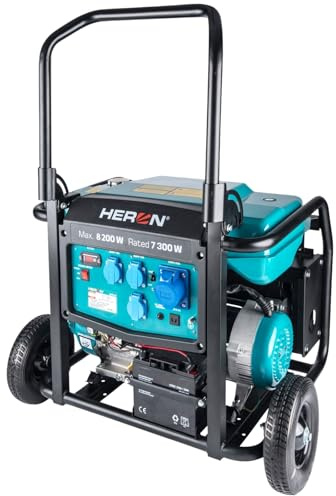 Heron Générateur de courant à essence 17 CV I 8,2 kW I Générateur avec réservoir de 28 l, châssis et démarreur électrique I Avec trois 16 A 230 V et une prise 32 A 230 V I Groupe électrogène mobile