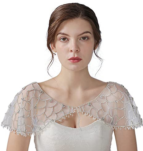 ULAPAN Women's Wedding Jackets Rhinestone Bridal Bolero Shawl Tulle Cape for Bride Bridesmaid Wrap Shrug (silver)