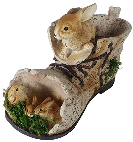 Aspinaworld Hasengruppe Schuh Gartendeko 21 cm – Hasen-Pflanzkübel Polyresin für Gartenweg und Außenbank