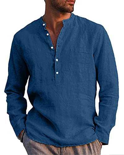 LVCBL - Camicia da uomo a maniche lunghe, estiva, per il tempo libero, in lino, vestibilità normale, Blu oltremare, M