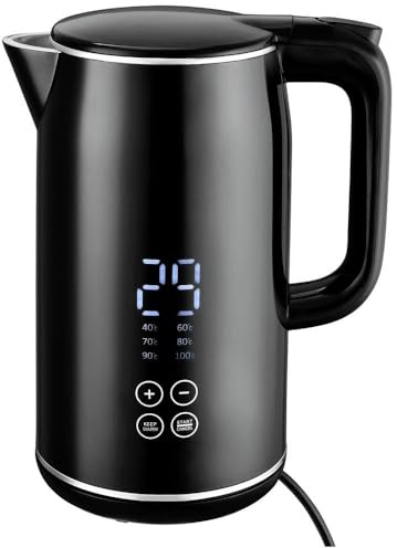 Venga! Bouilloire Électrique 1,7 L, Intérieur Acier Inoxydable 100% Sans BPA, Double Paroi, Maintien au Chaud pendant 4h, Affichage Digital, 6 Températures Préréglées, Noir/Argent, 2200 W, VG JK 3003
