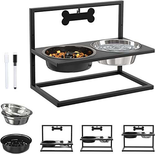 Lewondr Hundenapf Erhöht, 3 Höhenverstellbar Futternapf Hund Wassernapf mit Anti Schling Napf Hund & Personalisiert Namensschild, Anti-Rutsch Napfständer Fressnapf für Großen Mittelgroßen Hunde