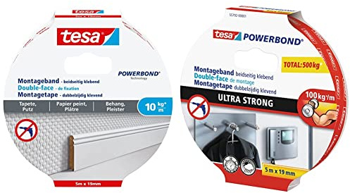 tesa Montageband Tapete&Putz, 10 kg Haltekraft pro Meter - 5 m x 19 mm & Powerbond ULTRA STRONG - Doppelseitiges, extra starkes Montageband zur permanenten Befestigung im Außen- und Innenbereich - 5 m