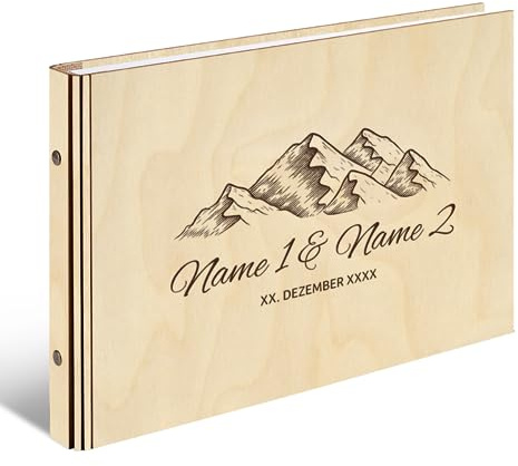 Personalisiertes Hochzeit Gästebuch echtes Holz DIN A4 Hochzeitsbuch mit Lasergravur - Berge - mit 72 Blatt / 144 Seiten Naturpapier Weiß
