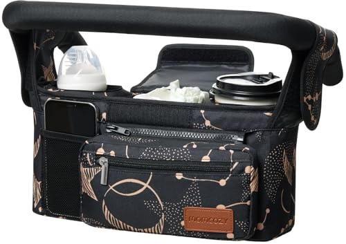 Momcozy Universal Baby Stroller Organizer, 2 Insulated Cup Holder, Detachable Zippered Pocket, Adjustable Shoulder Strap, Large capacity for baby essentials, Compact Design Fits Any Strollers