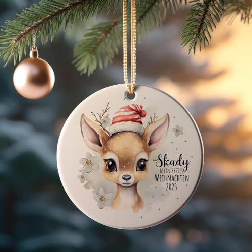 Weihnachtskugel Weihnachtsschmuck Baumhänger Baumanhänger personalisiert erstes Weihnachten Namen Wunschname REH Deer Weihnachten Tiere Baumkugel wkp18 ilka parey wandtattoo-welt