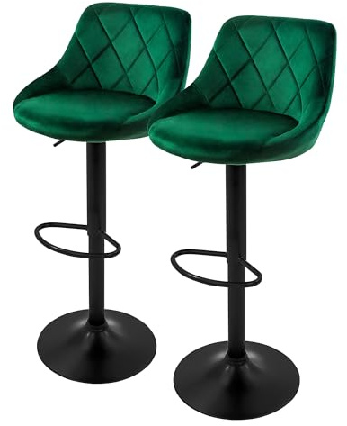 ML-Design barstol set om 2, sammetsöverdrag, grön, stoppad barstol med ryggstöd och fotstöd, bänkpall höjdjusterbar 62-82 cm, 360° svängbar, bistrostol svängbar pall barstolar