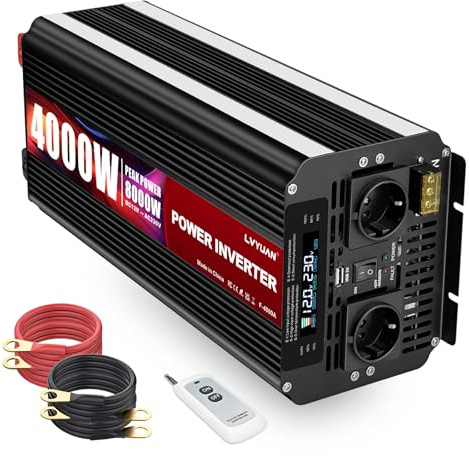 Yinleader Convertidor Voltaje, Inversor de corriente de 12 V, 230 V, 4000 W/8000 W, 12 V, 220 V, LCD, conexión de cable de alimentación AC USB