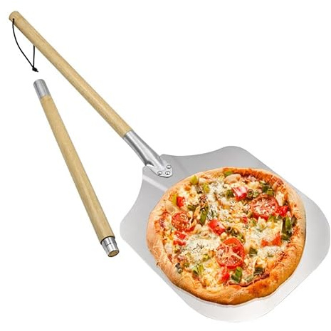 Pala de Pizza 12 pulgadas Profesional Pala para Pizza de Aluminio con Mango de Madera Largo Desmontable, Pizza Shovel para Pizza Horno, Tarte, Pan, Longitud Total 126.5 cm