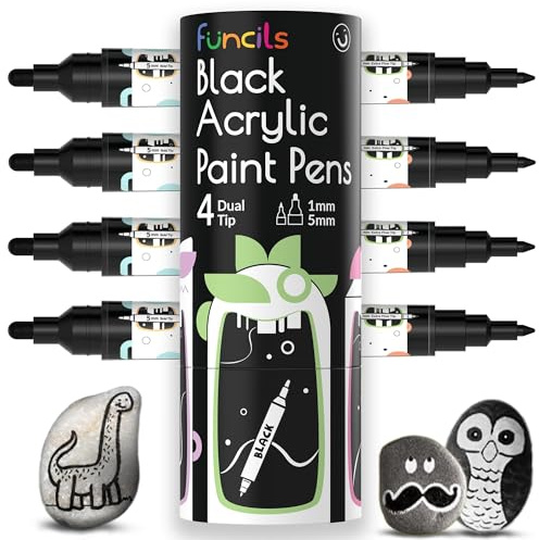 Funcils 4 Dual Tip Acrylic Paint Pens Black - Fine Tip & Medium - Black Paint Marker for Rock Painting, Canvas, Wood, Ceramic, Glass, Fabric, Tire and Shoes - Acrylic Pens for Kids & Adults