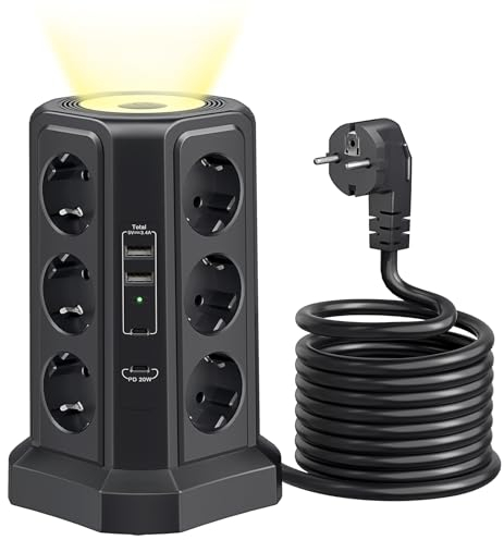 12 Fach Steckdosenturm Steckdosenleiste mit USB C PD 20W, 4000W/16A Mehrfachsteckdose Überspannungsschutz mit 4 USB, HAFINO 2M Verlängerungskabel, Schalter Mehrfachstecker Steckdose für Büro, Schwarz