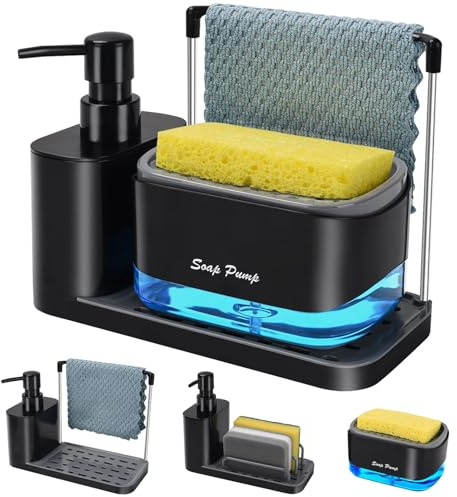 PengGengA Spülmittelspender Küche Set 4 in 1 Seifenspender Küche mit Tablett und Schwammhalter Spülbecken Organizer Waschmittel Wiederbefüllbar
