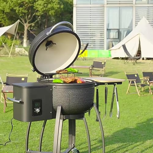 24 Ceramic Pellet Grill with 19.6 Diameter Gridiron Double Ceramic Liner 4-in-1 Smoked Roasted BBQ Pan-Roasted for Outdoors Patio